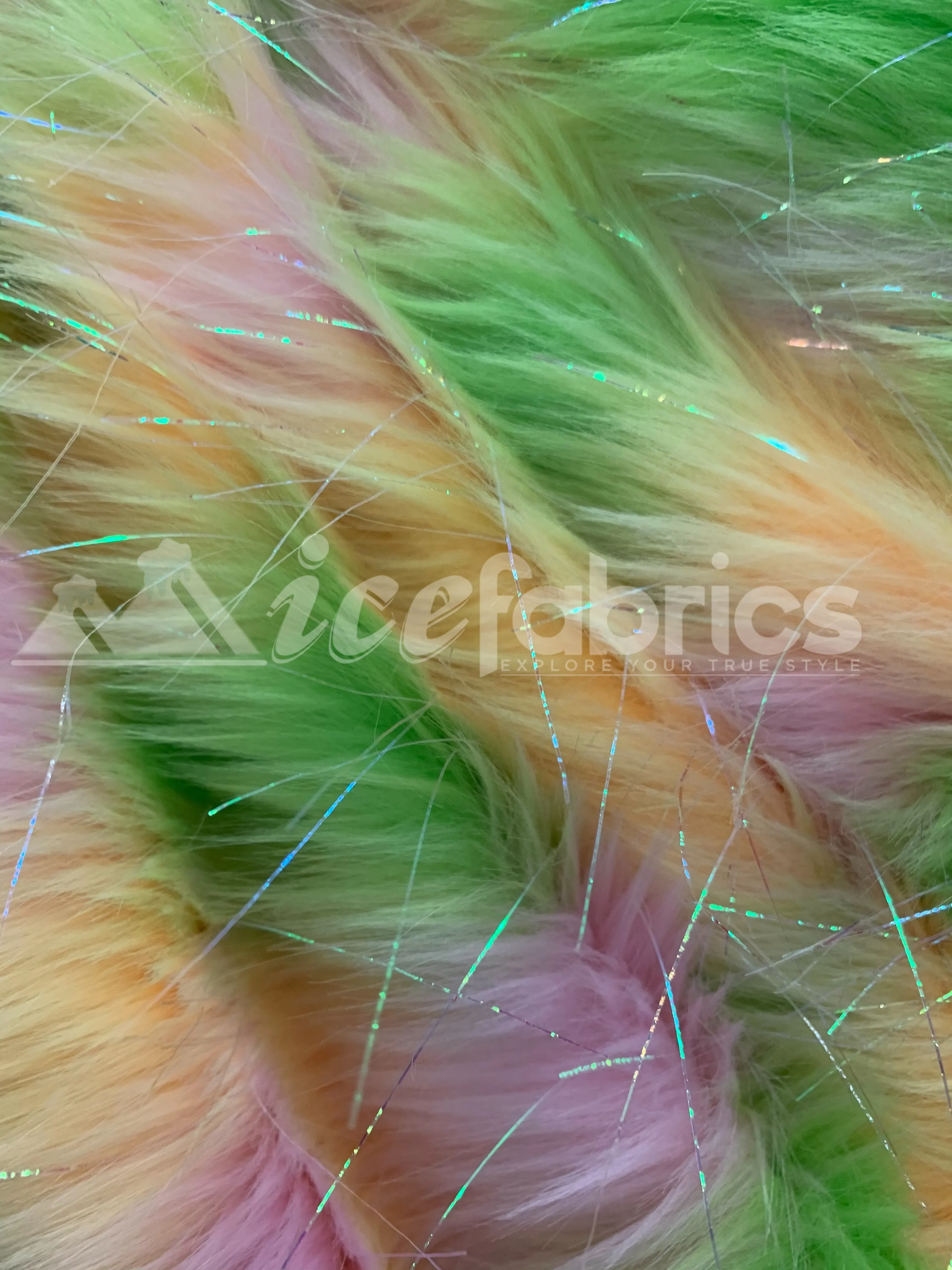 3 Tone Rainbow Tinsel 3.5" long Pile Green, Gold, and White Faux Fur Fabric By The Yard