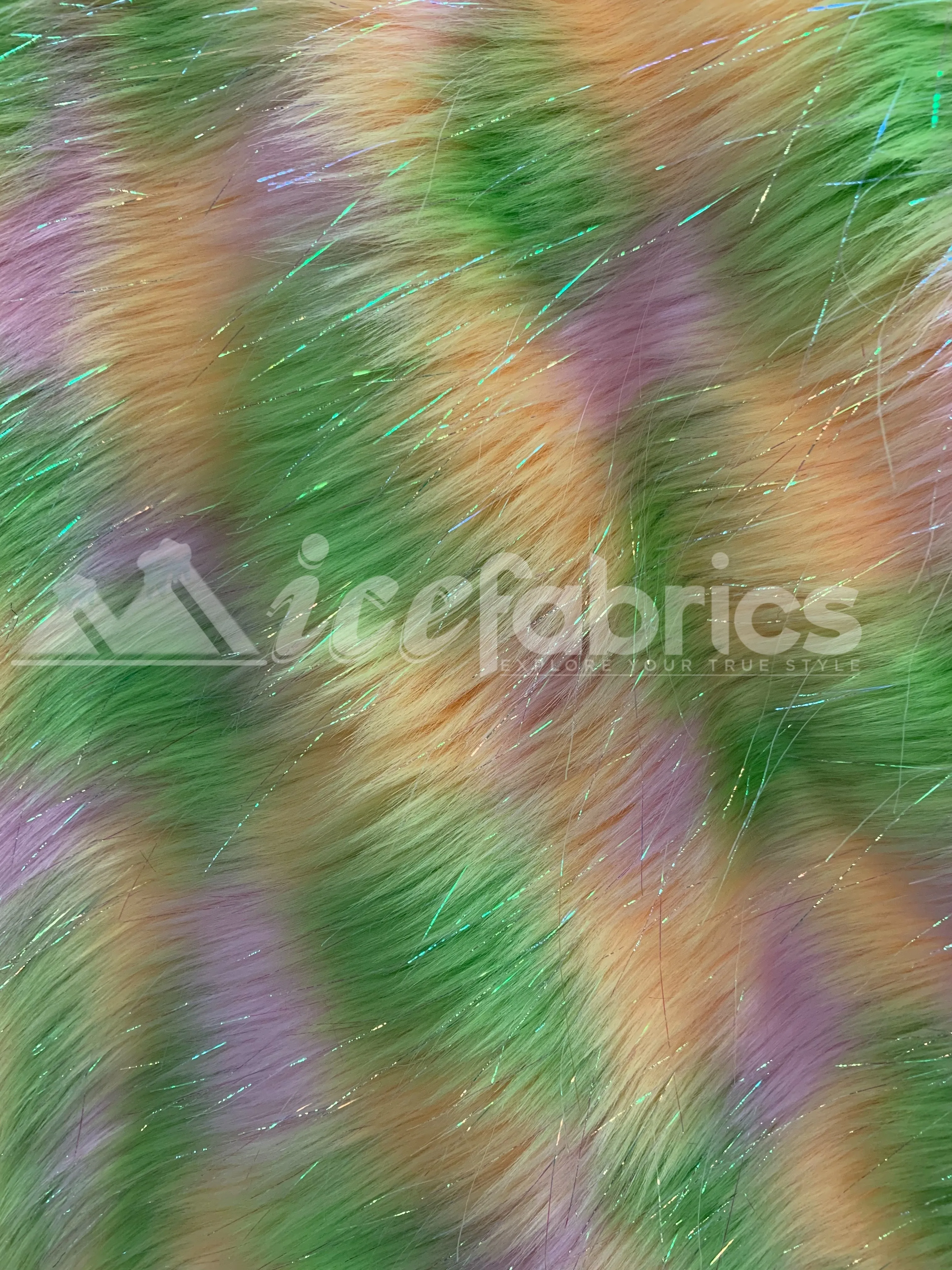 3 Tone Rainbow Tinsel 3.5" long Pile Green, Gold, and White Faux Fur Fabric By The Yard