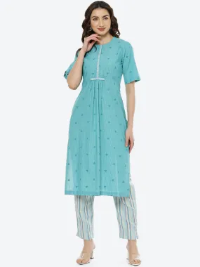 Biba Women Green Printed Pleated Pure Cotton Kurti With Trousers