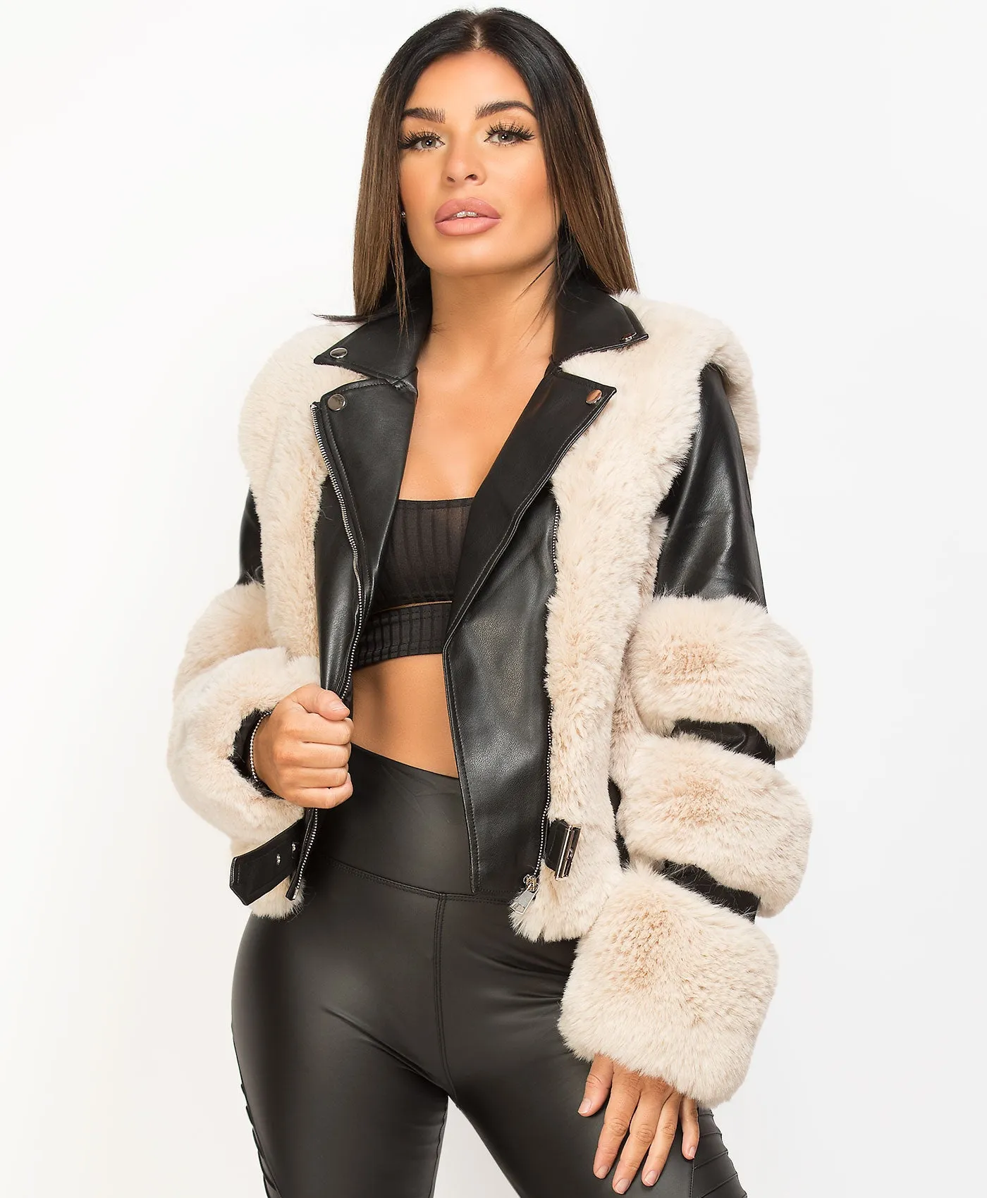 Black Beige Faux Fur Trim PU PVC Aviator Jacket