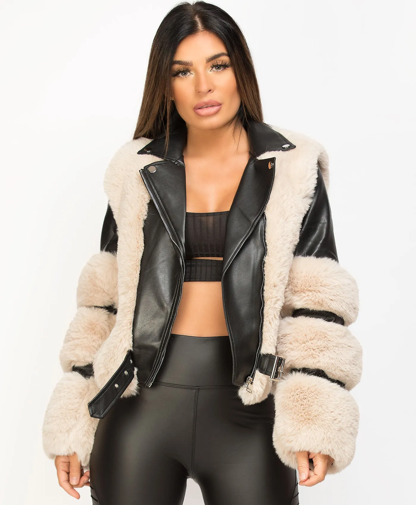 Black Beige Faux Fur Trim PU PVC Aviator Jacket