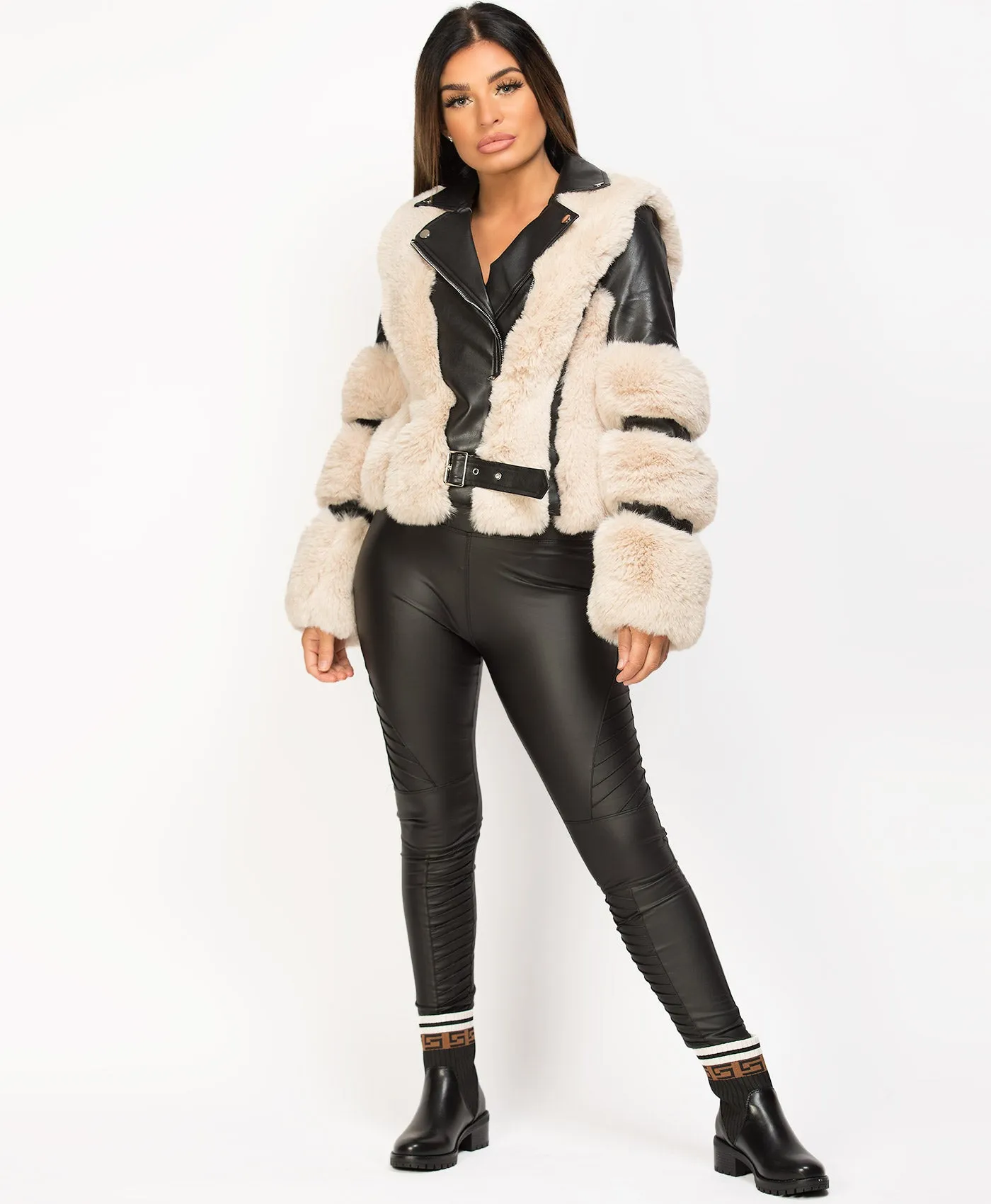 Black Beige Faux Fur Trim PU PVC Aviator Jacket