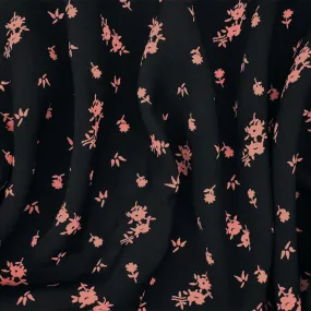 Black-Coral Pink Ditsy Floral Printed Rayon Crepe Faille Woven Fabric