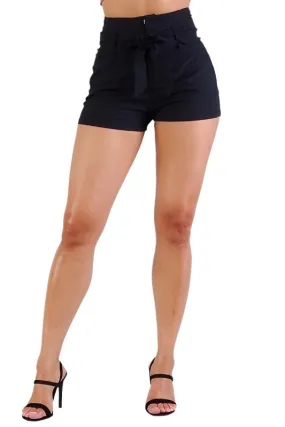 Black High Waisted Pleated Tie Shorts