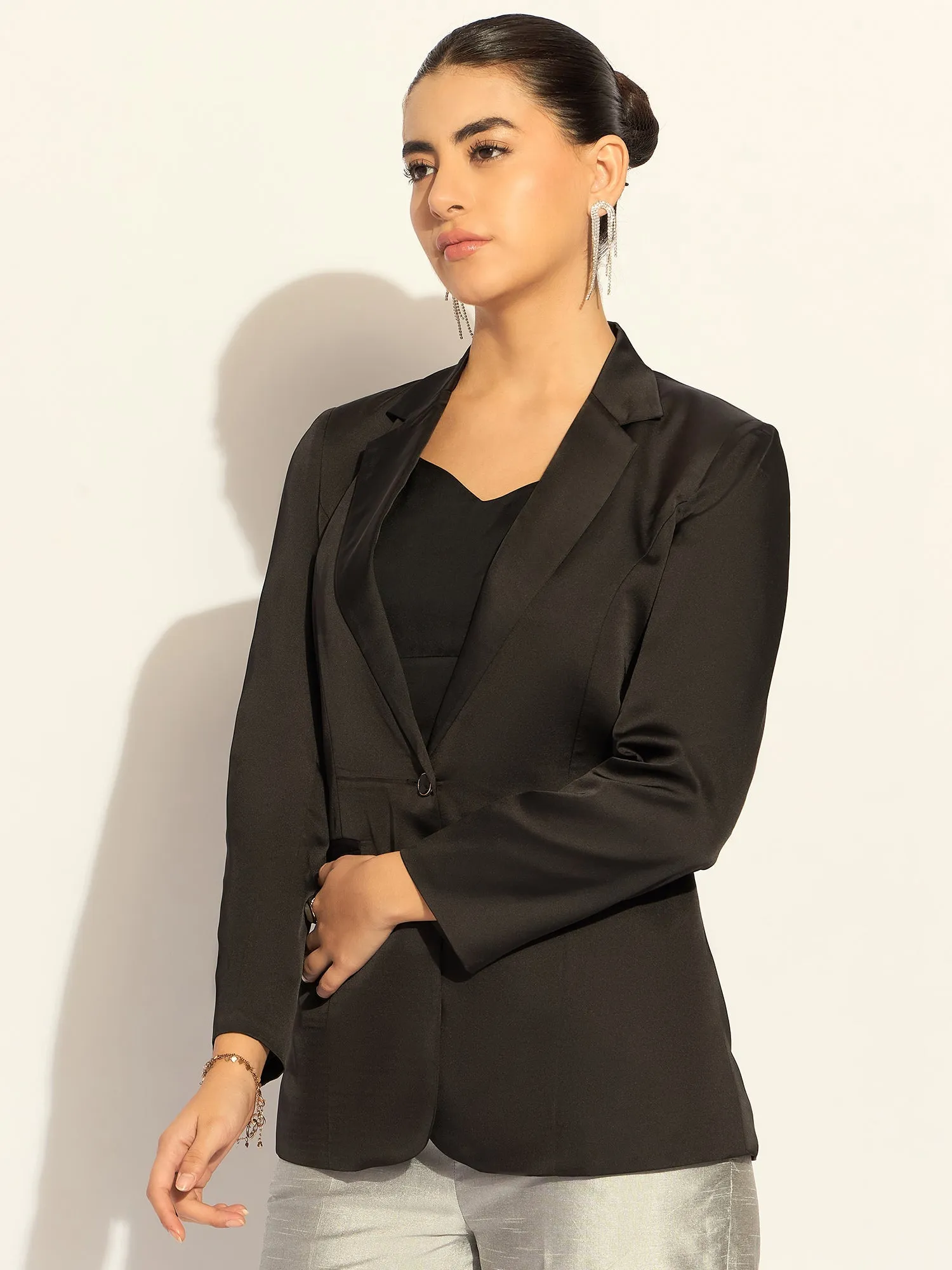 Black Polyester Loose-Fit Elegant Blazer