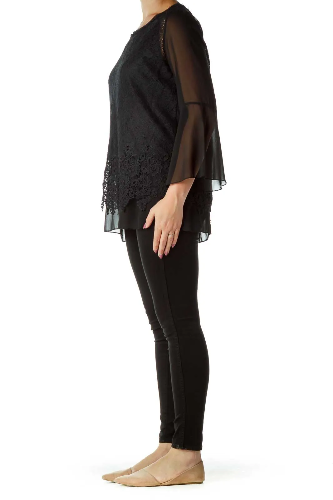 Black Sheer Bell Sleeve Blouse