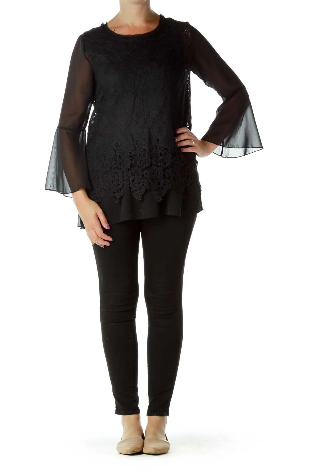 Black Sheer Bell Sleeve Blouse