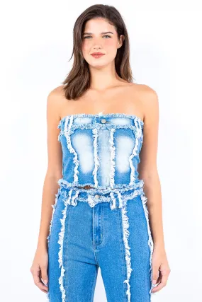 Blue Zone Planet |  American Bazi Frayed Edge Denim Corset Top