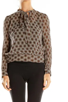 Brown Geometric Print Sheer Blouse