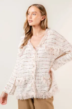 Chic Frayed Tweed Ribbon Pearl Loose Fit Cardigan