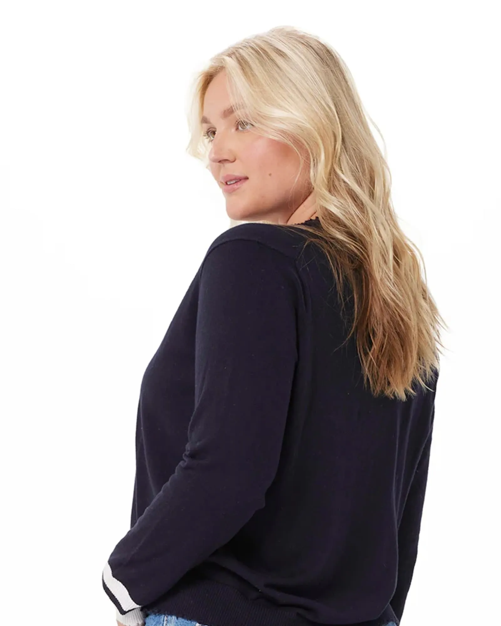 Cotton Cashmere Frayed Cardigan w/ Striped Cuff | NAVY