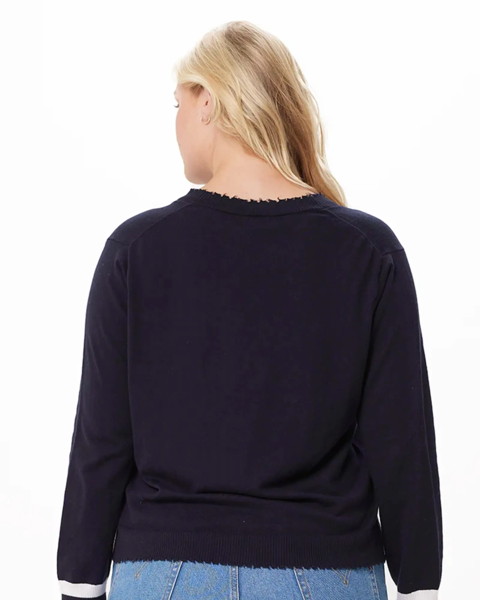 Cotton Cashmere Frayed Cardigan w/ Striped Cuff | NAVY