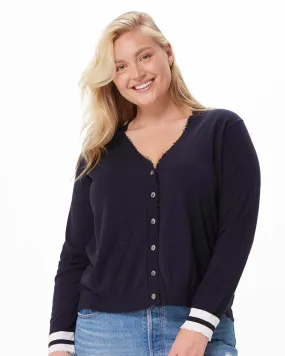 Cotton Cashmere Frayed Cardigan w/ Striped Cuff | NAVY