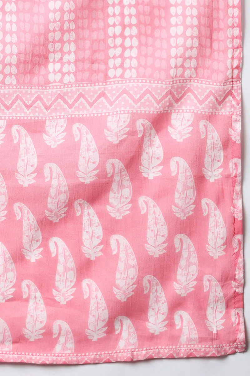 Cotton Pink Printed Straight Kurta Pant With Dupatta