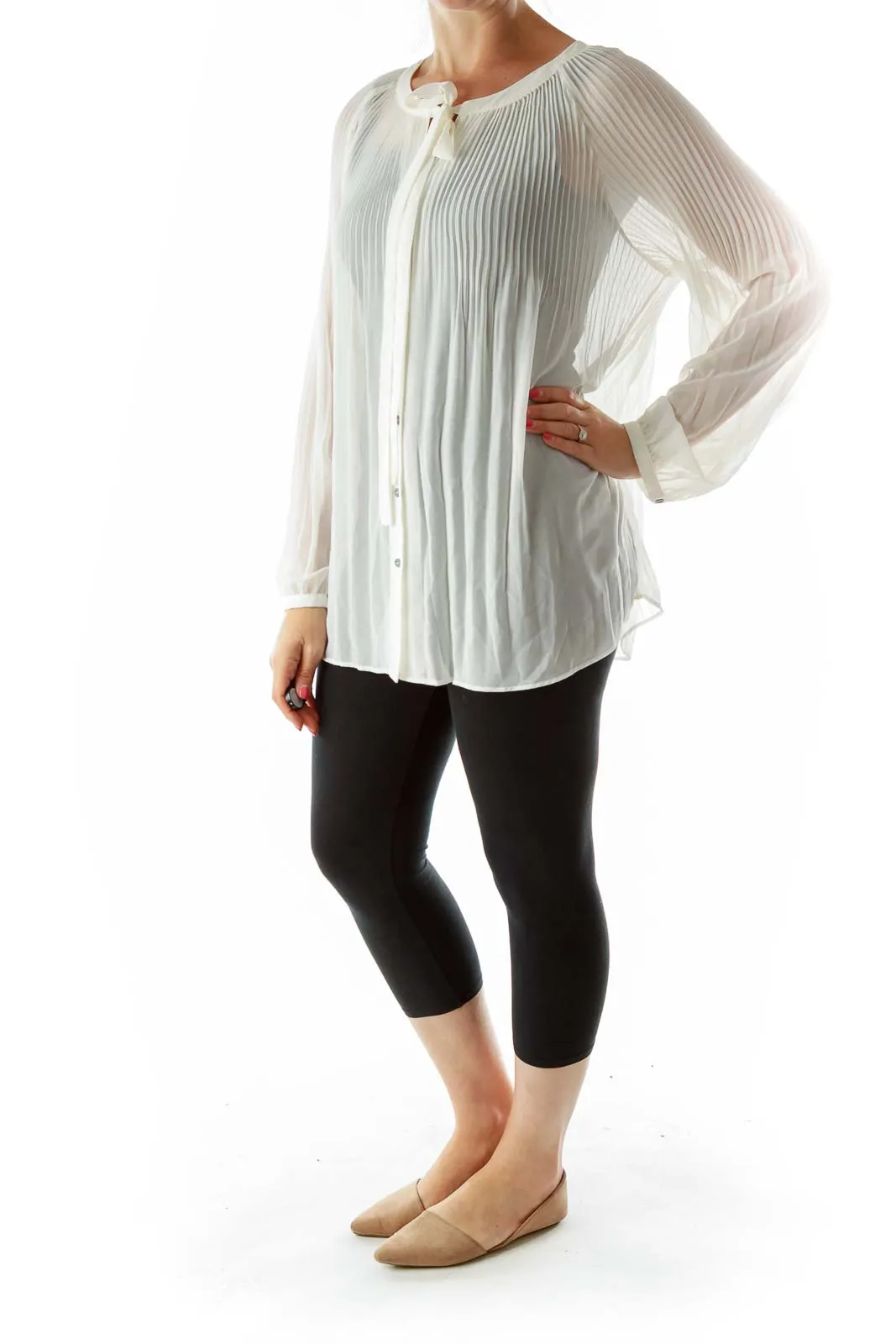 Cream Pleated Sheer Shirt