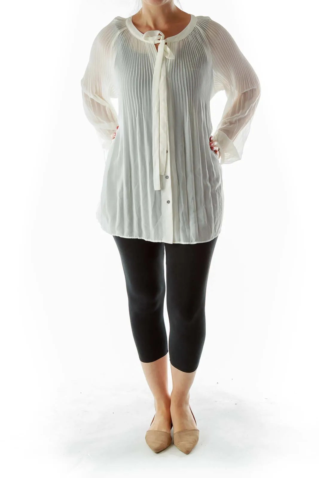 Cream Pleated Sheer Shirt