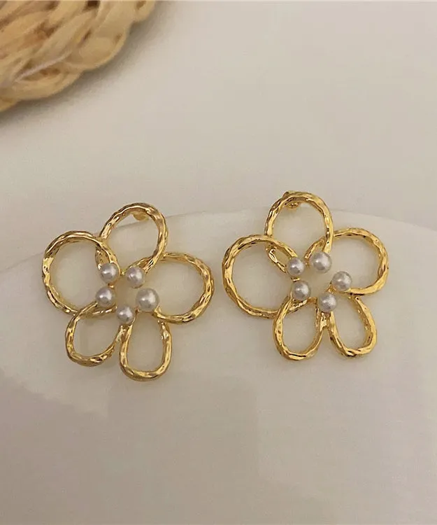 Cute Gold Copper Overgild Pearl Floral Hollow Out Stud Earrings ZZ058