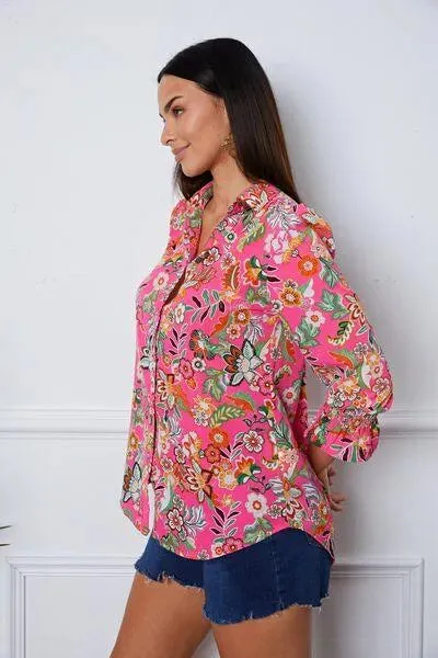 Feminine Flair: Floral Button-Up with Flirty Flounce Sleeve Shirt