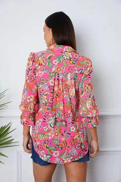 Feminine Flair: Floral Button-Up with Flirty Flounce Sleeve Shirt