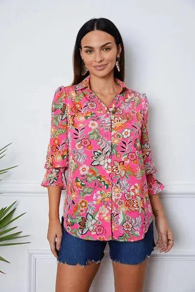 Feminine Flair: Floral Button-Up with Flirty Flounce Sleeve Shirt