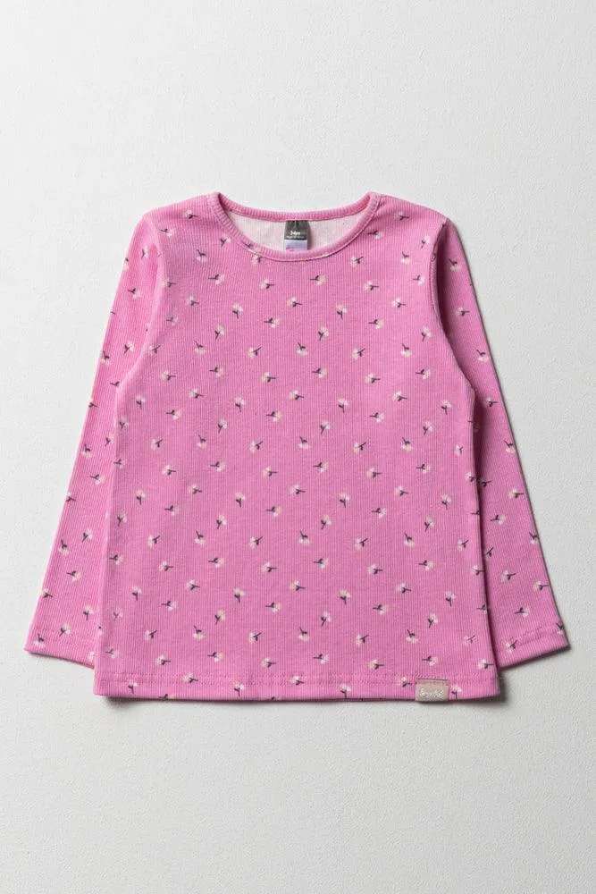 Floral Rib Long Sleeve T-Shirt Bright Pink