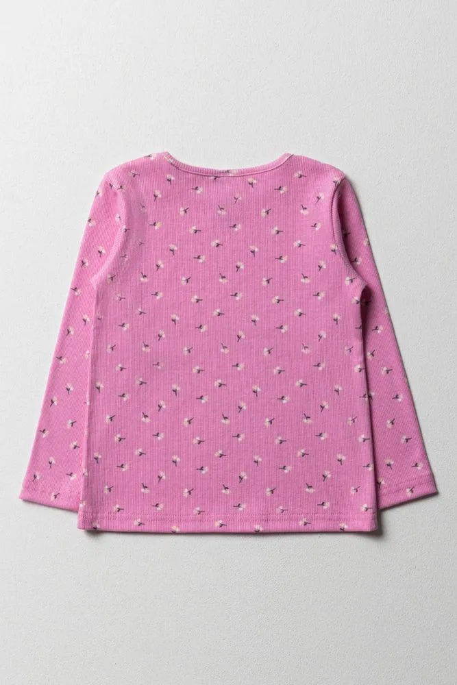 Floral Rib Long Sleeve T-Shirt Bright Pink