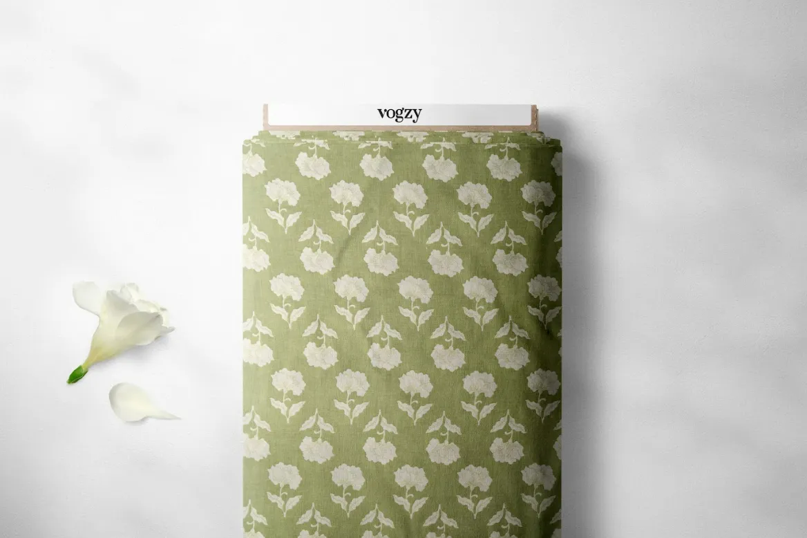 Green Ivory Flower Pattern Printed Summer Pure Cotton Fabric