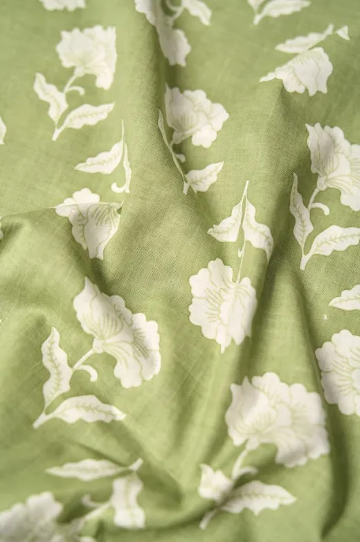 Green Ivory Flower Pattern Printed Summer Pure Cotton Fabric