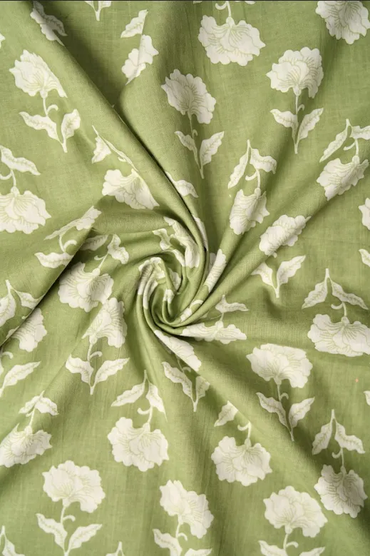 Green Ivory Flower Pattern Printed Summer Pure Cotton Fabric