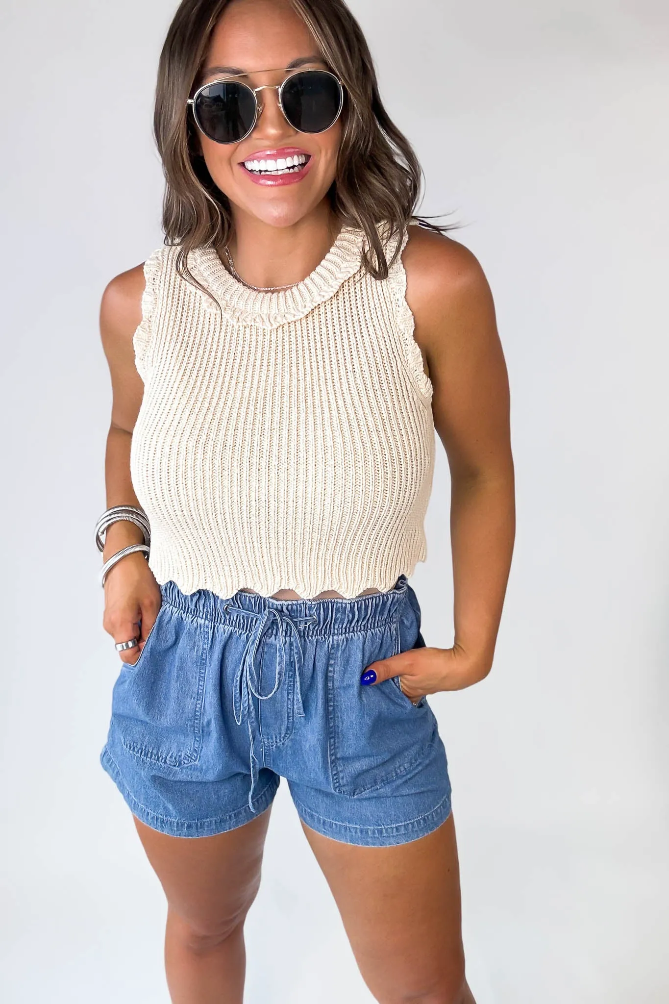 High Waisted Denim Tie Shorts