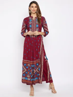 Maroon Printed Pleated Kurta With Trousers