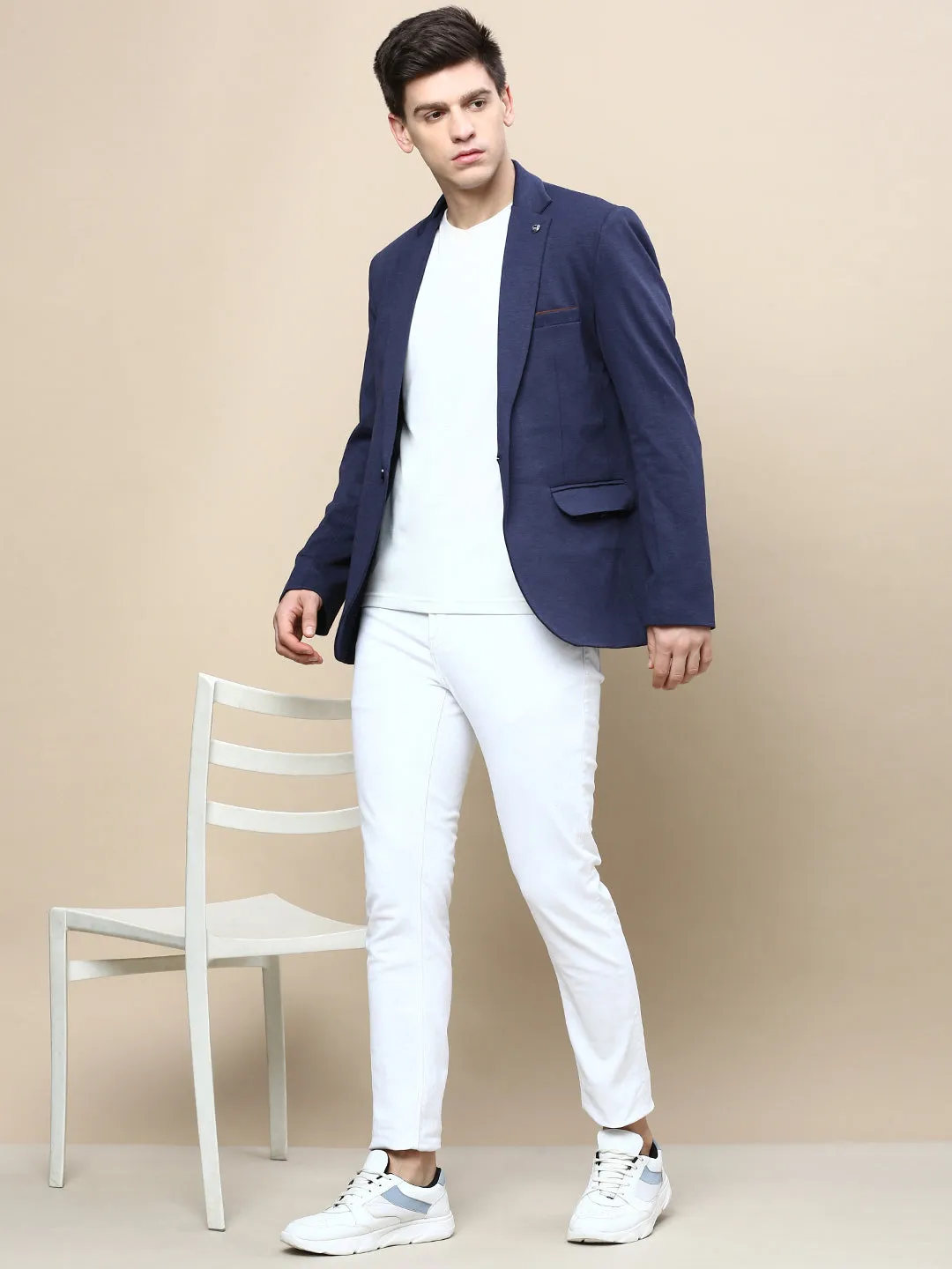 Men Navy Solid Casual Blazers