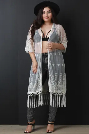 Mesh Paisley Embroidered Fringe Kimono