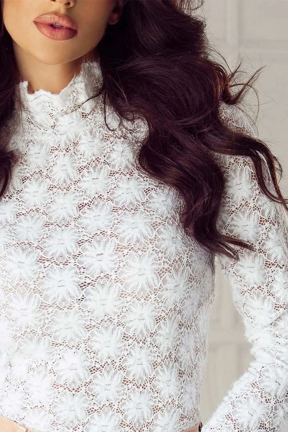 Mock Neck Long Sleeve Lace Tops