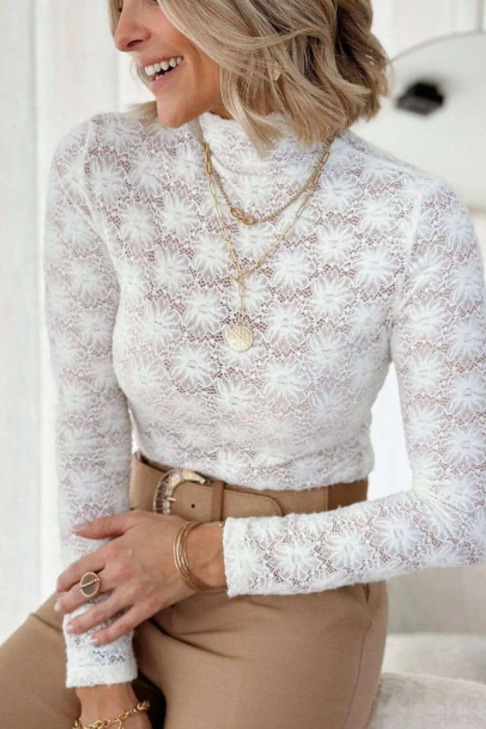 Mock Neck Long Sleeve Lace Tops