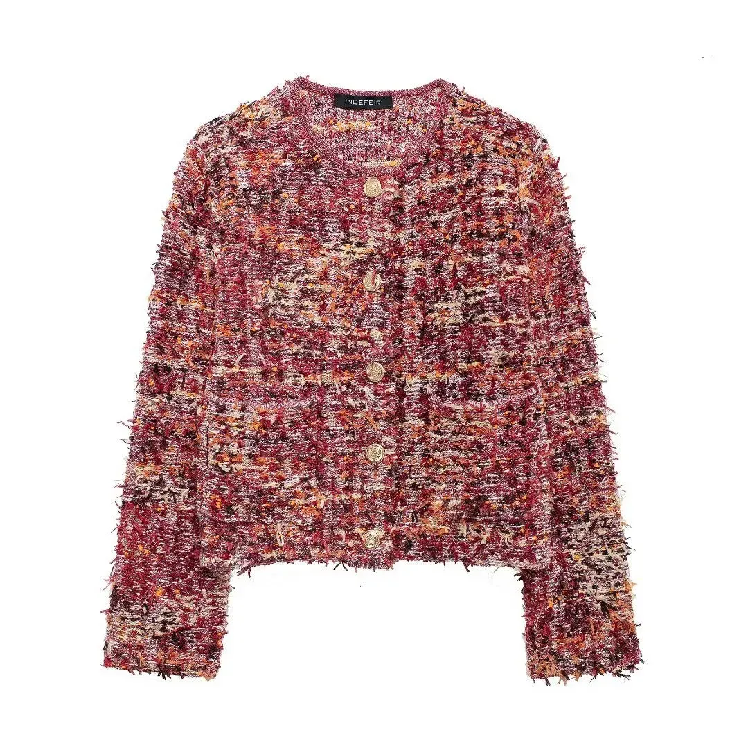 Multicolor Tweed Knit Cardigan Fluffy Office Knitwear