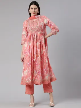 Neerus Floral Printed Thread Work Kurta with Trousers Dupatta