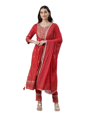 Neeru's Red Regular Calf Length Printed Kurta Printed Trousers With Dupatta