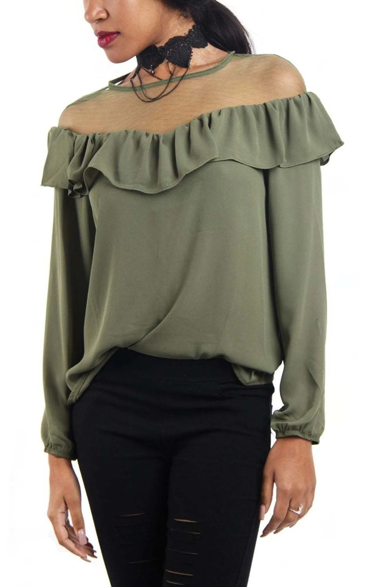 Net and Chiffon Ruffle Detail Blouse Top