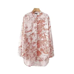 Plus Size - Vintage floral loose long shirts oversized design long sleeve blouse ladies  casual chic tops (US 18W-22W)