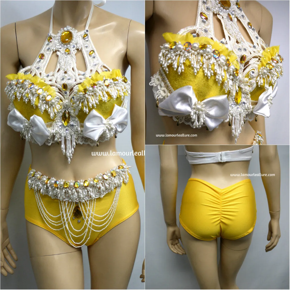 Ready to Ship 34B Medium Bottom - Belle Inspired Pearl Bra High Waisted Scrunchie Boy Shorts