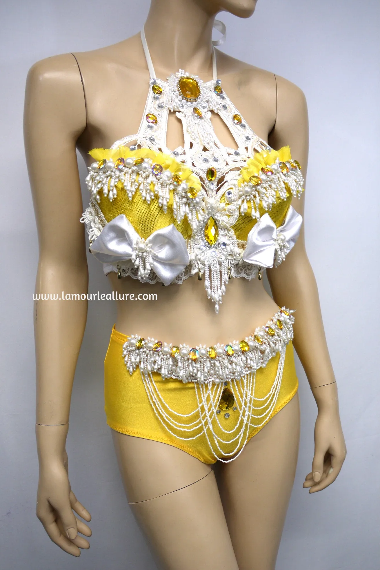 Ready to Ship 34B Medium Bottom - Belle Inspired Pearl Bra High Waisted Scrunchie Boy Shorts