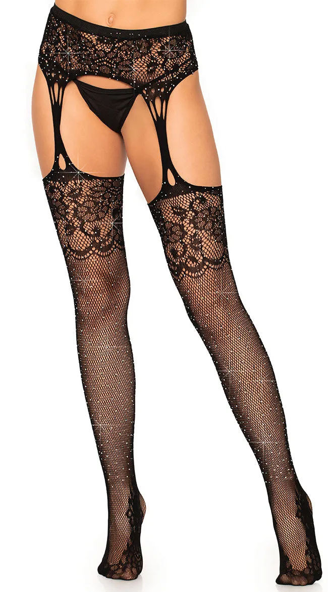 Rhinestone Lace Top Garter Stockings