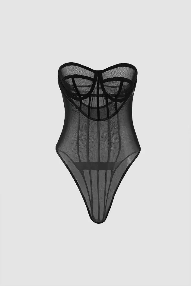 Sheer Mesh Strapless Corset Bodysuit