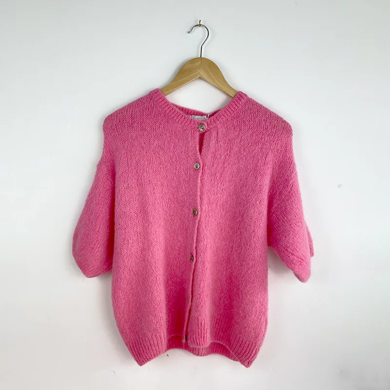 Short Sleeve Alpaca Cardigan-Pink