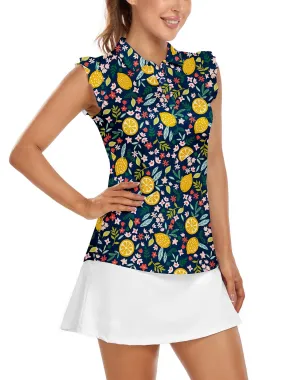 Soneven Ladies Golf Sleeveless Floral Athletic Polo Shirts-💃🏼SO® Lemon Slice Print Ruffle Sleeve Shirts Button Closure Moisture Wicking Tennis Shirts