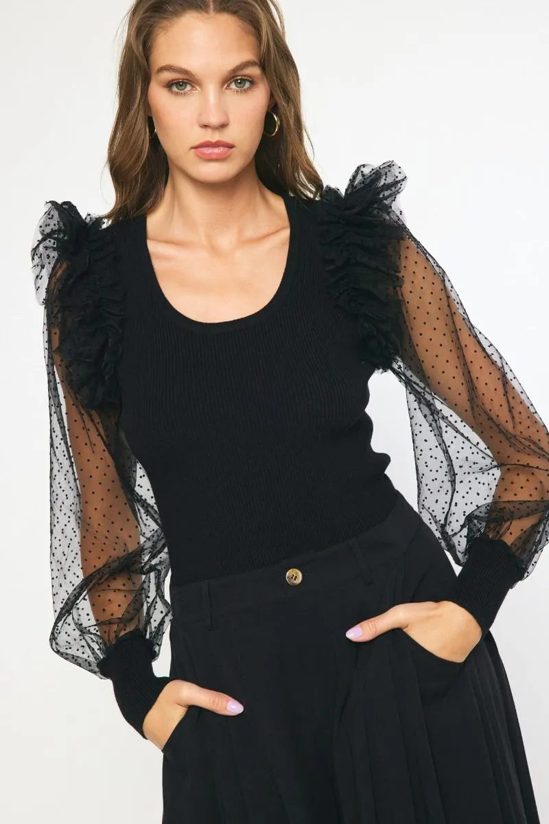 Ted Solid Ribbed Long Sleeve Sheer Polka Dot Sleeves *FINAL SALE*