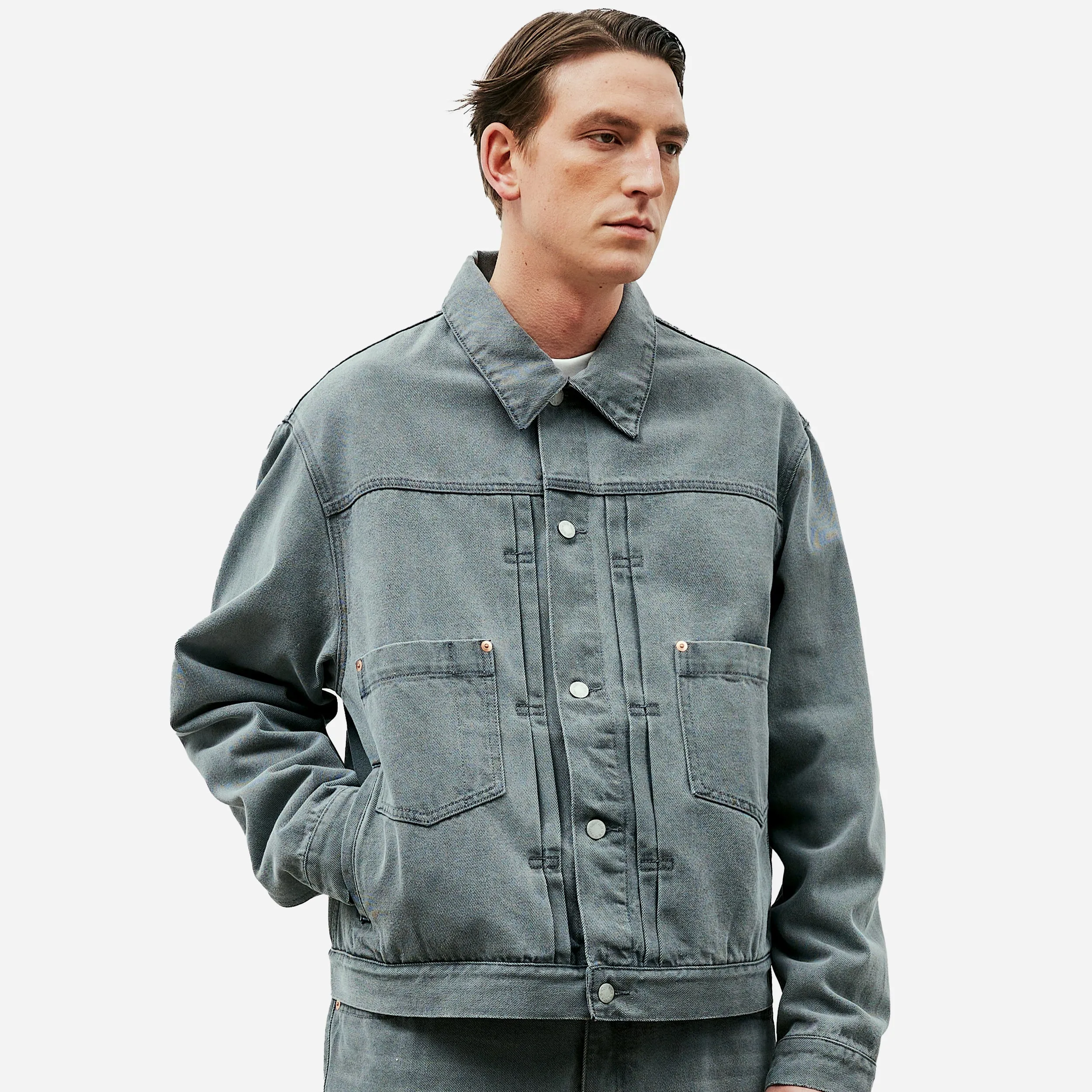 TYPE 2 PIN TUCK TRUCKER DENIM JACKET - GREY WASHED